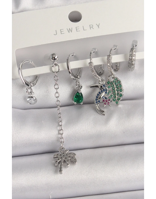 ® Pirinç Gümüş Renk Sallantı Zirkon Taşlı Ağaç Figür Çoklu Kadın Küpe Seti