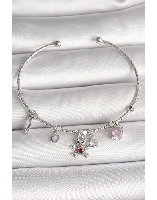 ® Pirinç Gümüş Renk Sallantı Zirkon Taşlı Ayıcık Figür Kırmızı Taş Detay Charm Kadın Bileklik