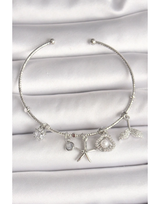 ® Pirinç Gümüş Renk Sallantı Zirkon Taşlı Deniz Yıldız Figür Balık Kuyruğu Detay Charm Kadın Bileklik