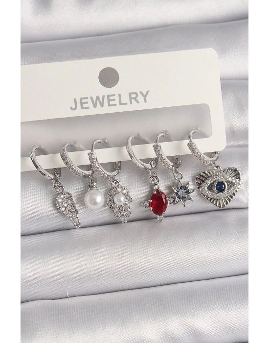 ® Pirinç Gümüş Renk Sallantı Zirkon Taşlı Fatma Ana El Figür Kadın Küpe Seti