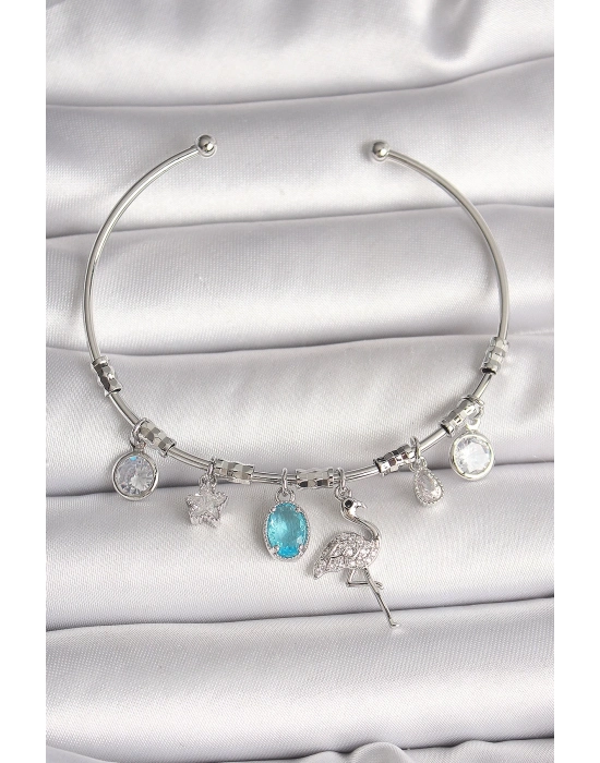 ® Pirinç Gümüş Renk Sallantı Zirkon Taşlı Filaminga Figür Charm Kadın Bileklik