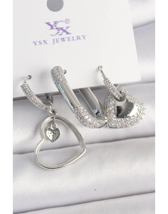® Pirinç Gümüş Renk Sallantı Zirkon Taşlı Kalp Model 3Lü Kadın Kombin Küpe