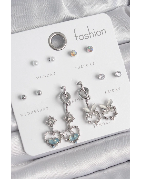 ® Pirinç Gümüş Renk Sallantı Zirkon Taşlı Kalp Model Düğüm Detay 7 Çift Kadın Küpe Seti