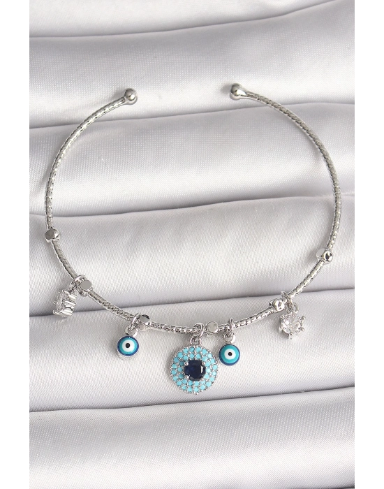 ® Pirinç Gümüş Renk Sallantı Zirkon Taşlı Nazar Boncuk Figür Charm Kadın Bileklik