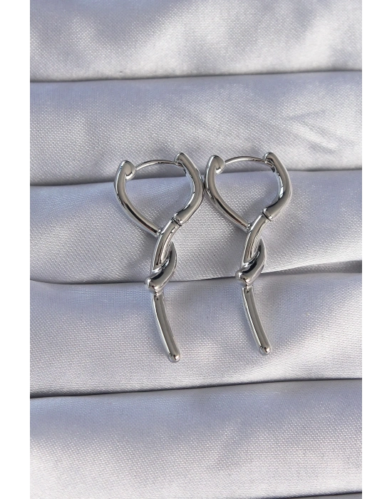 ® Pirinç Gümüş Renk Sarmal Çubuk Tasarımlı Uzun Küpe