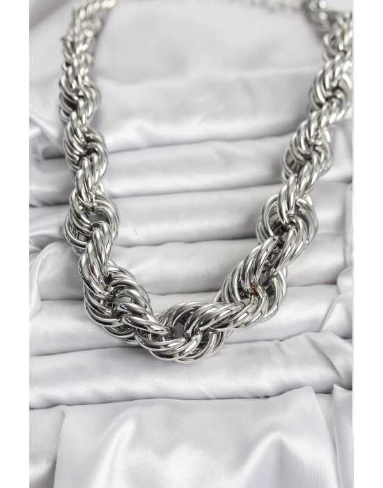 ® Pirinç Gümüş Renk Sarmal Halat Model Kadın Kolye