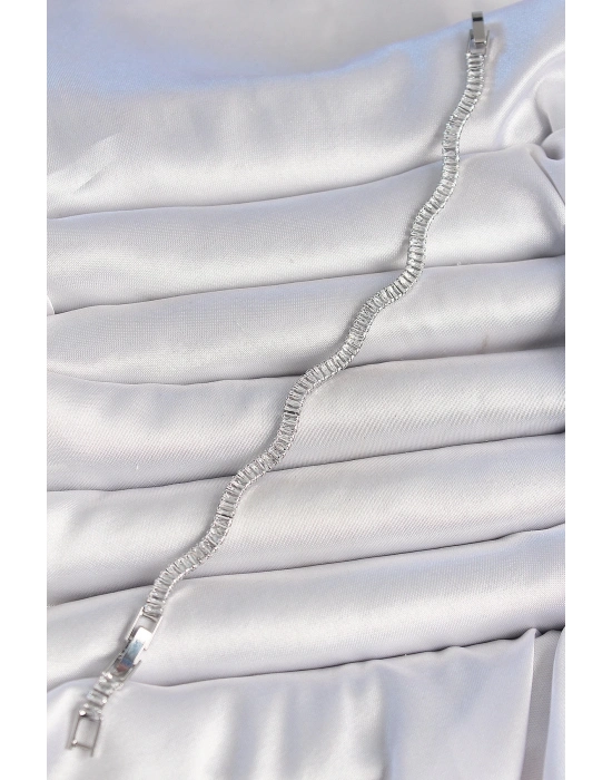 ® Pirinç Gümüş Renk Su Yolu Zirkon Taşlı Model Kadın Bileklik