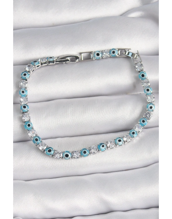 ® Pirinç Gümüş Renk Su Yolu Zirkon Taşlı Nazar Boncuklu Kadın Bileklik