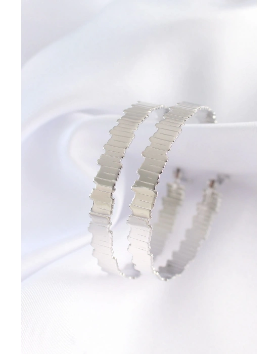 ® Pirinç Gümüş Renk Tırtıklı Halka Küpe