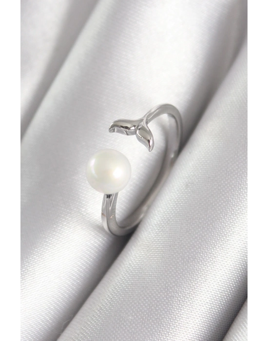 ® Pirinç Gümüş Renk Top İnci Figür Balık Kuyruğu Model Kadın Yüzük