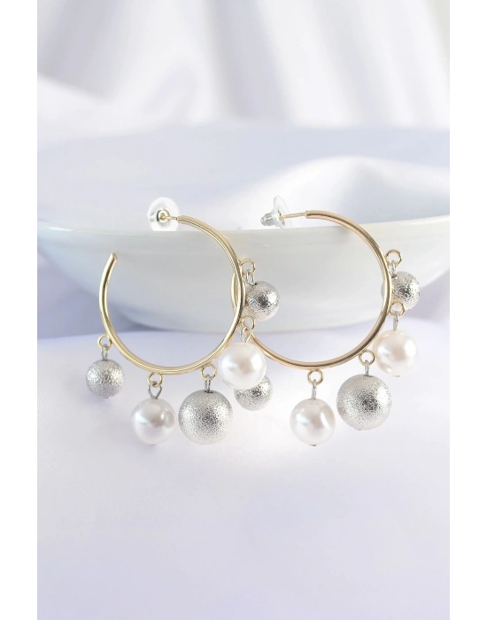 ® Pirinç Gümüş Renk Topçuk Model Gold Renk Halka Küpe