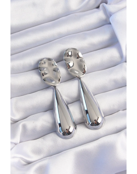 ® Pirinç Gümüş Renk Uzun Bombeli Ezme Plaka Küpe