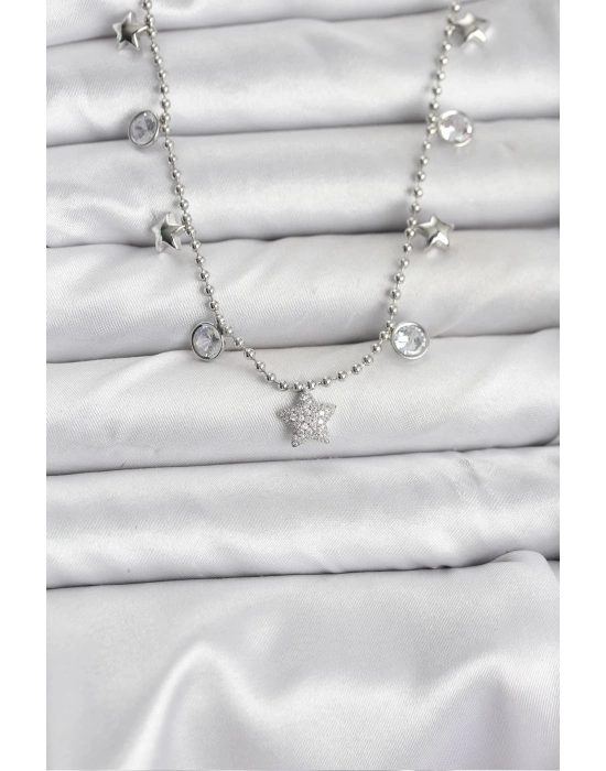 ® Pirinç Gümüş Renk Yıldız Model Kadın Kolye