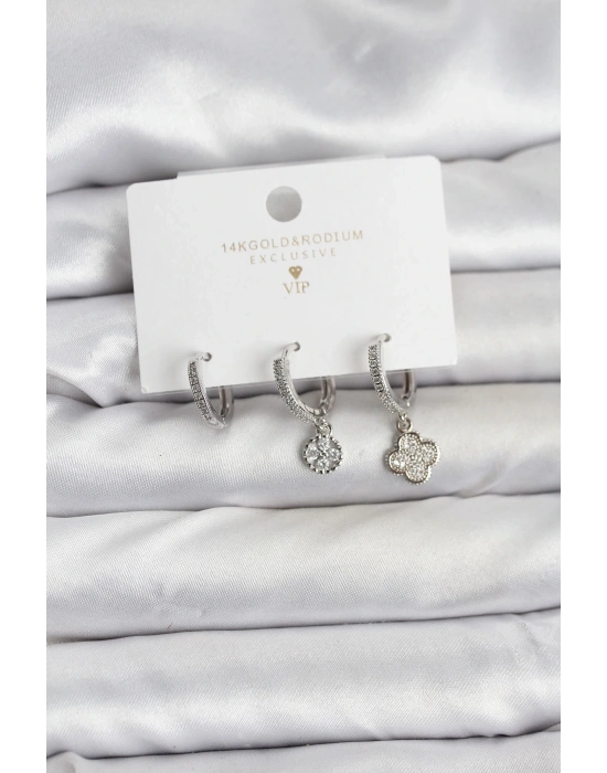 ® Pirinç Gümüş Renk Yonca Model 3lü Kadın Küpe Seti