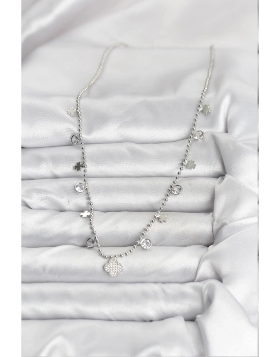 ® Pirinç Gümüş Renk Yonca Model Kadın Kolye