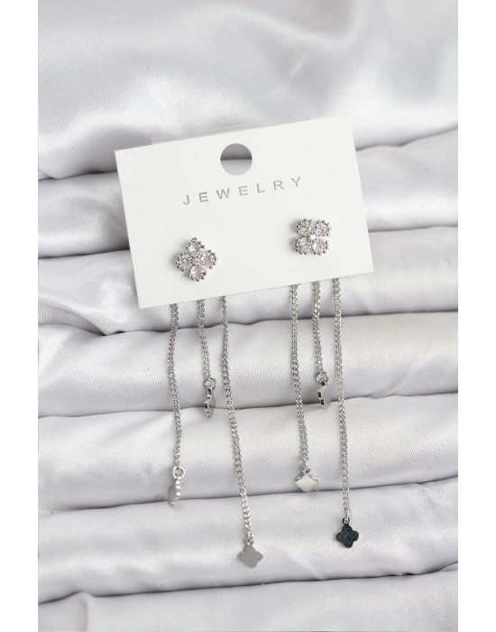 ® Pirinç Gümüş Renk Yonca Model Sallantılı Kadın Küpe