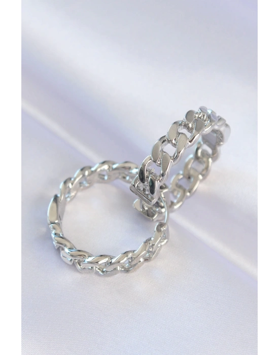 ® Pirinç Gümüş Renk Zincir Model Halka Küpe