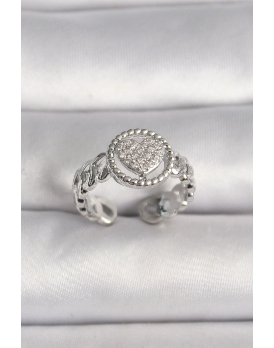 ® Pirinç Gümüş Renk Zincir Model Zirkon Taşlı Kalp Model Kadın Yüzük