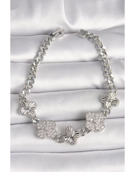 ® Pirinç Gümüş Renk Zincir Yonca Model Kadın Bileklik