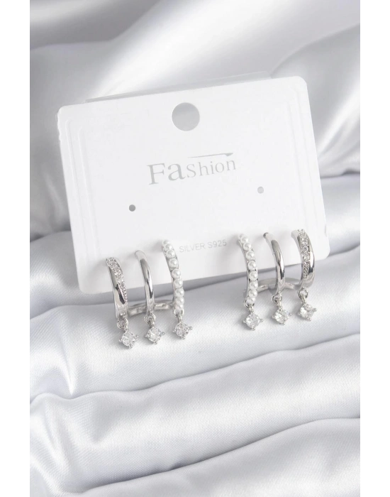 ® Pirinç Gümüş Renk Zirkon Taş Detay İncili Kadın Küpe