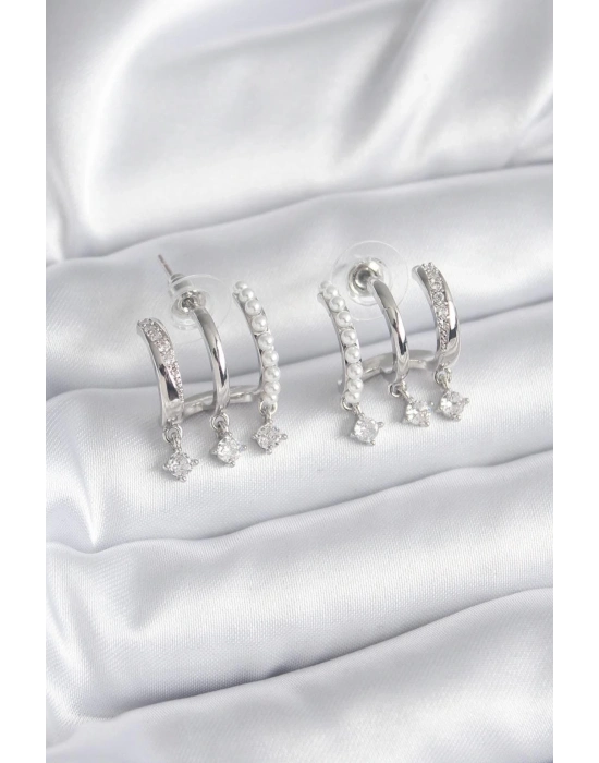 ® Pirinç Gümüş Renk Zirkon Taş Detay İncili Kadın Küpe