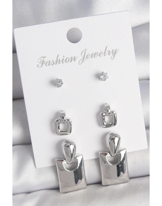 ® Pirinç Gümüş Renk Zirkon Taş Detay Sallantılı Kare Model 3 Çift Kadın Küpe Seti