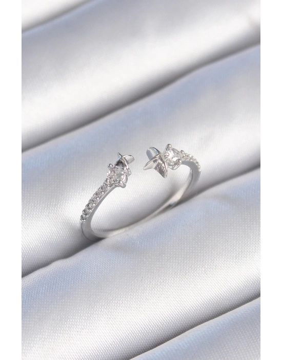 ® Pirinç Gümüş Renk Zirkon Taş Detay Yıldız Model Kadın Yüzük