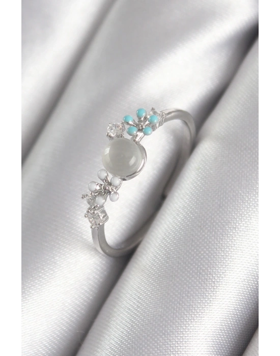 ® Pirinç Gümüş Renk Zirkon Taş Detaylı Beyaz Sedefli Çiçek Model Kadın Yüzük