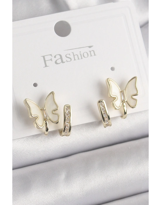 ® Pirinç Gümüş Renk Zirkon Taş Detaylı Beyaz Sedefli Kelebek Model Kadın Küpe