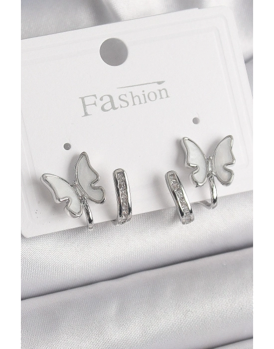 ® Pirinç Gümüş Renk Zirkon Taş Detaylı Beyaz Sedefli Kelebek Model Kadın Küpe