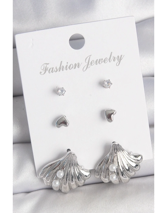 ® Pirinç Gümüş Renk Zirkon Taş Detaylı İnci Detaylı Deniz Kabuğu Model 3 Çift Kadın Küpe