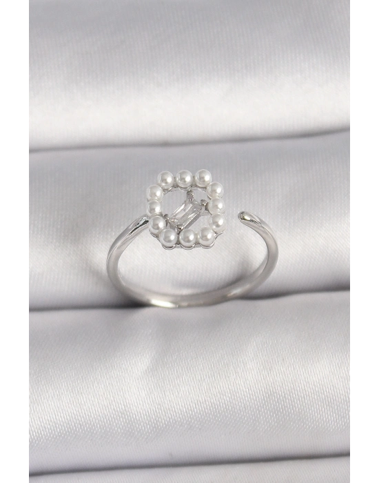 ® Pirinç Gümüş Renk Zirkon Taş Detaylı İncili Ayarlanabilir Yüzük