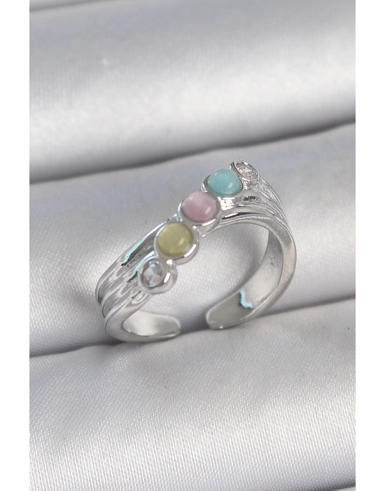 ® Pirinç Gümüş Renk Zirkon Taş Detaylı Renkli Mineli Ayarlanabilir Kadın Yüzük