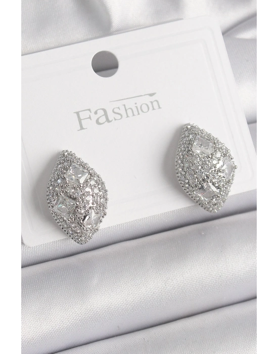 ® Pirinç Gümüş Renk Zirkon Taş İşlemeli Damla Model Kadın Küpe