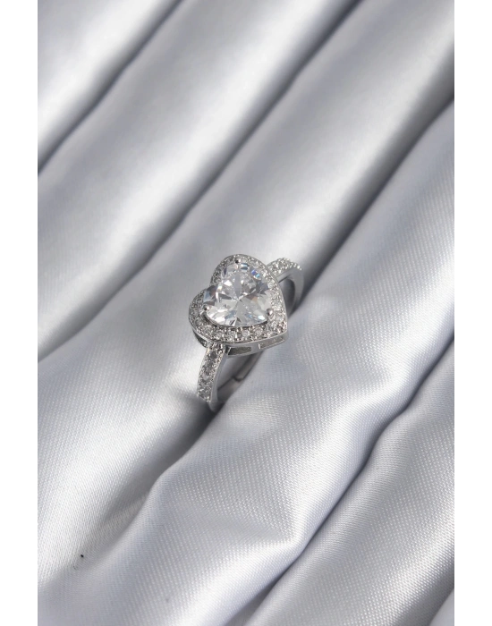 ® Pirinç Gümüş Renk Zirkon Taş Kalp Charm Model Kadın Yüzük