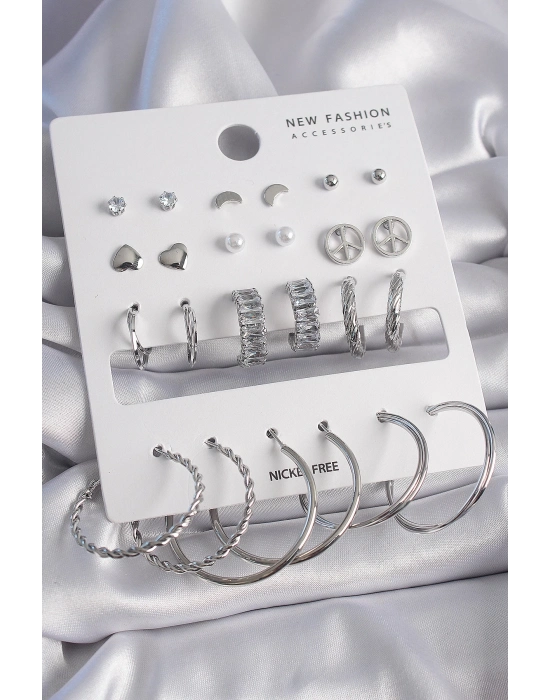 ® Pirinç Gümüş Renk Zirkon Taşlı 12 Çift Kadın Küpe Seti