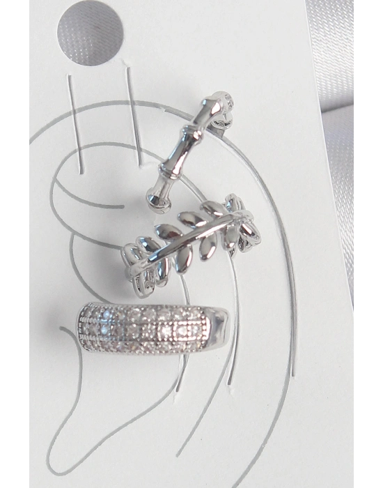 ® Pirinç Gümüş Renk Zirkon Taşlı 3Lü Model Yaprak Figür Kadın Kıkırdak Küpe