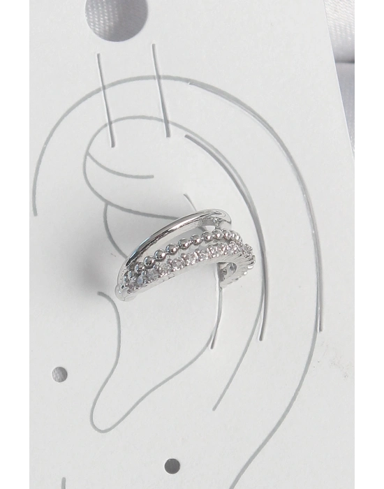 ® Pirinç Gümüş Renk Zirkon Taşlı 3Lü Sıralı Kadın Kıkırdak Küpe