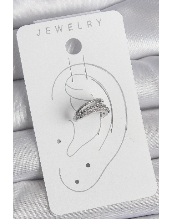 ® Pirinç Gümüş Renk Zirkon Taşlı 3Lü Sıralı Kadın Kıkırdak Küpe