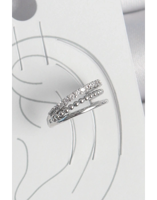 ® Pirinç Gümüş Renk Zirkon Taşlı 3Lü Sıralı Model Kadın Kıkırdak Küpe