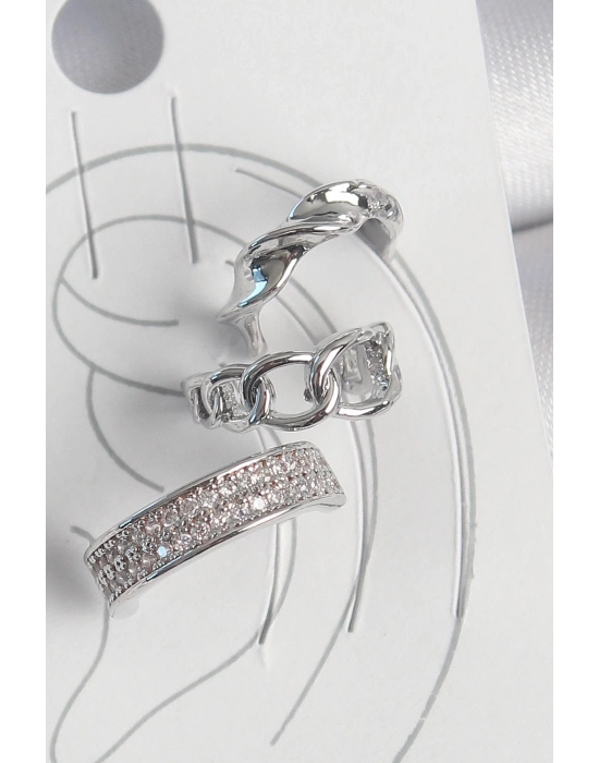 ® Pirinç Gümüş Renk Zirkon Taşlı 3Lü Zincir Sarmal Model Kadın Kıkırdak Küpe