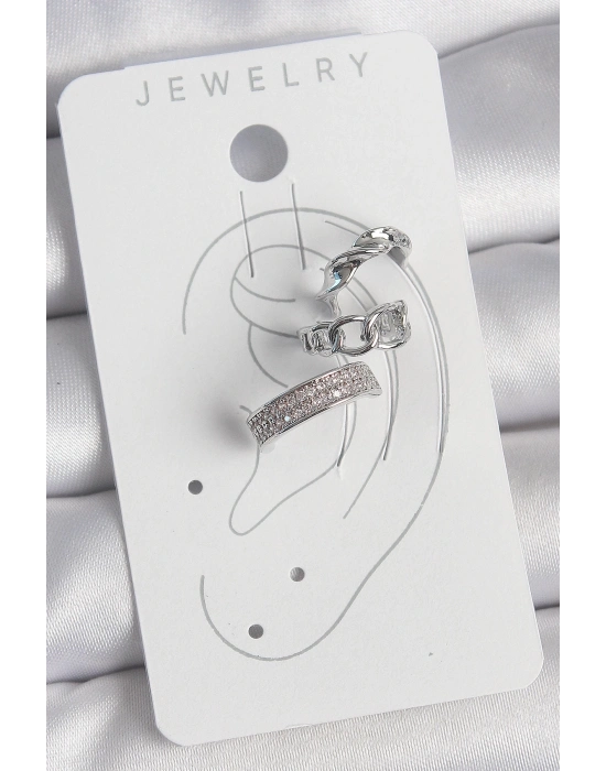 ® Pirinç Gümüş Renk Zirkon Taşlı 3Lü Zincir Sarmal Model Kadın Kıkırdak Küpe