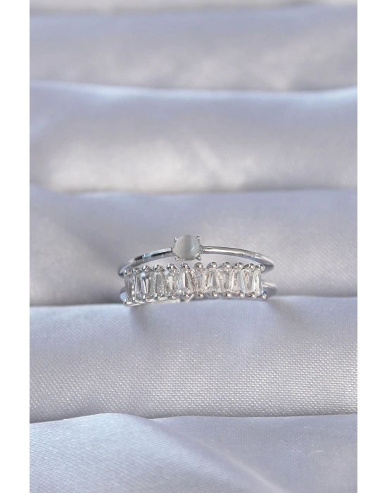 ® Pirinç Gümüş Renk Zirkon Taşlı Baget Su Yolu Model Ayarlanabilir Yüzük