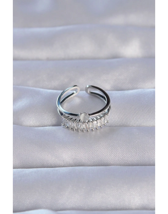 ® Pirinç Gümüş Renk Zirkon Taşlı Baget Su Yolu Model Ayarlanabilir Yüzük