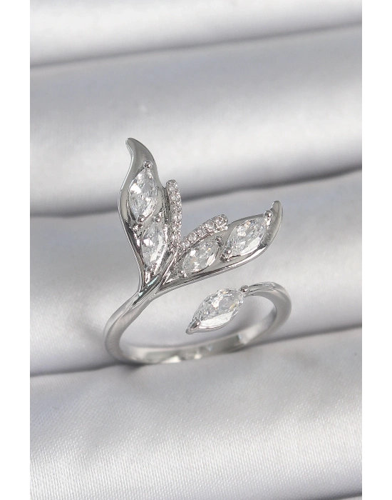 ® Pirinç Gümüş Renk Zirkon Taşlı Balık Kuyruğu Model Ayarlanabilir Kadın Yüzük