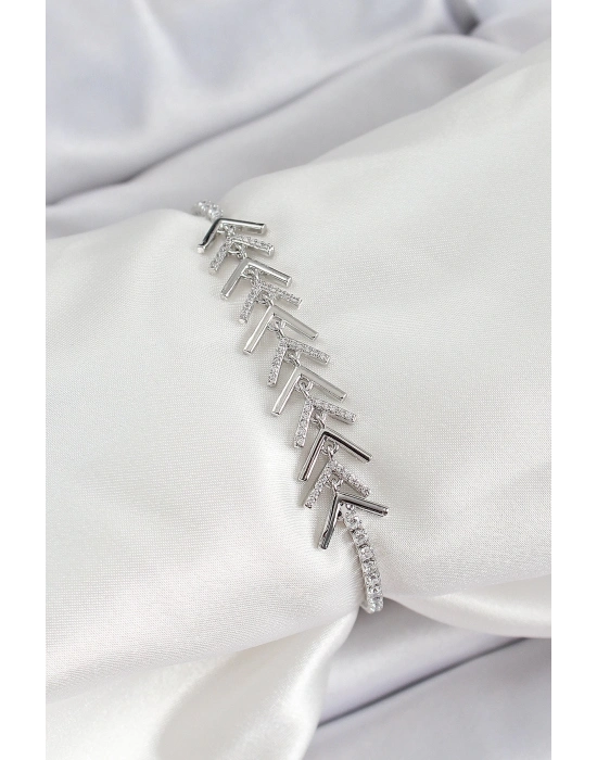 ® Pirinç Gümüş Renk Zirkon Taşlı Balık Sırtı Kadın Bileklik