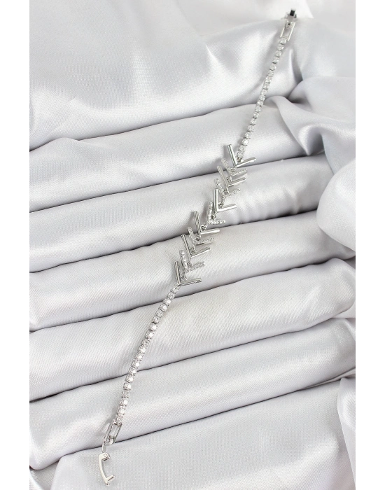 ® Pirinç Gümüş Renk Zirkon Taşlı Balık Sırtı Kadın Bileklik