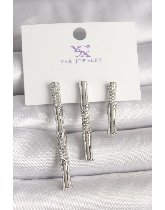 ® Pirinç Gümüş Renk Zirkon Taşlı Bambu Model 3Lü Kadın Kombin Küpe