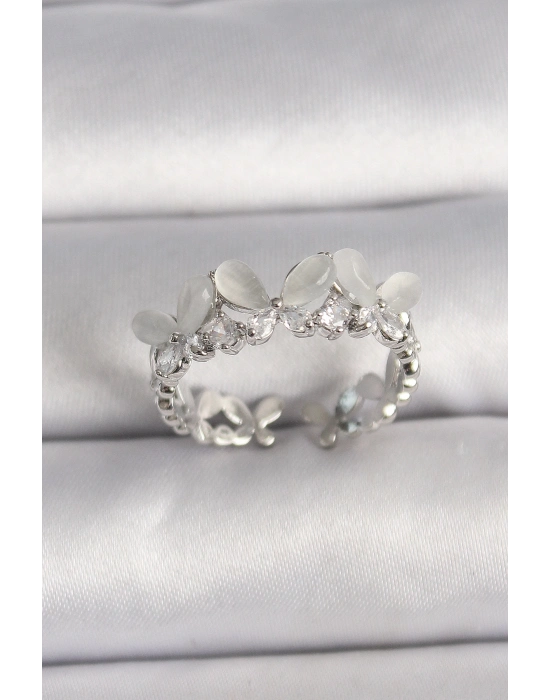 ® Pirinç Gümüş Renk Zirkon Taşlı Beyaz Mineli Kelebek Model Ayarlanabilir Yüzük