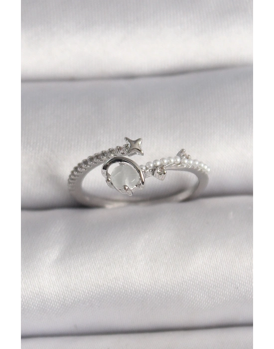 ® Pirinç Gümüş Renk Zirkon Taşlı Beyaz Mineli Yıldız Detay Ayarlanabilir Kadın Yüzük